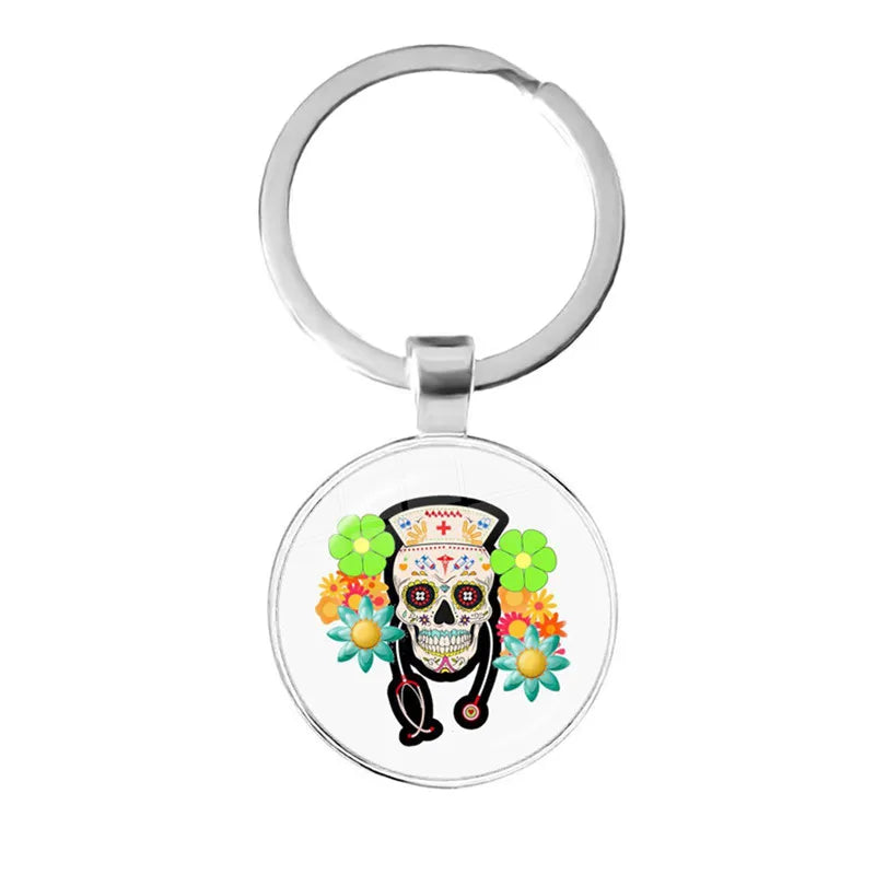 Fashion Colorful Sugar Skull Keychain Mexico Folk Art Patterns Glass Pendant Key Chain Jewelry Holiday Gift