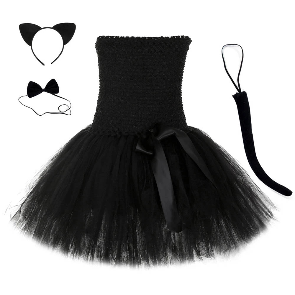 Cute Black Cat Tutu Dress Baby Girls Birthday Dresses Toddler Kids Halloween Costumes Children Animal Cosplay Outfit Solid Black