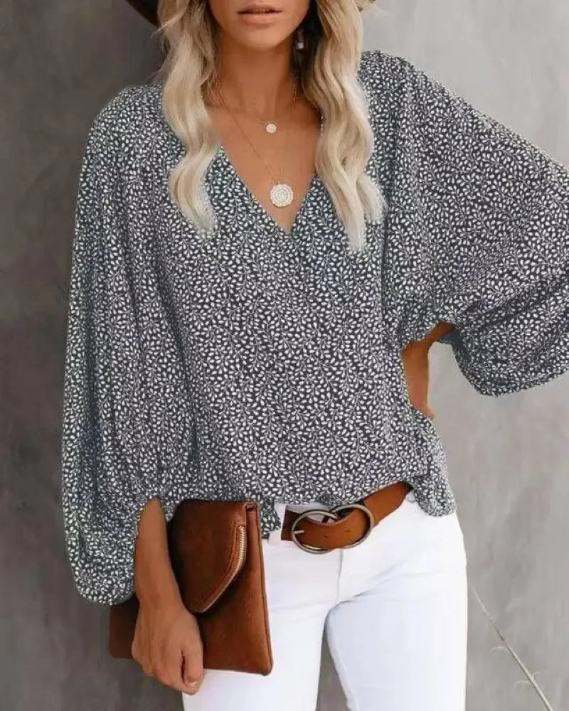 2025 Women's clothes New Arrival Hot Selling Spring And Summer V-neck Casual Printed Lantern Sleeve Shirt Ladies Clothes Fashion Shirts