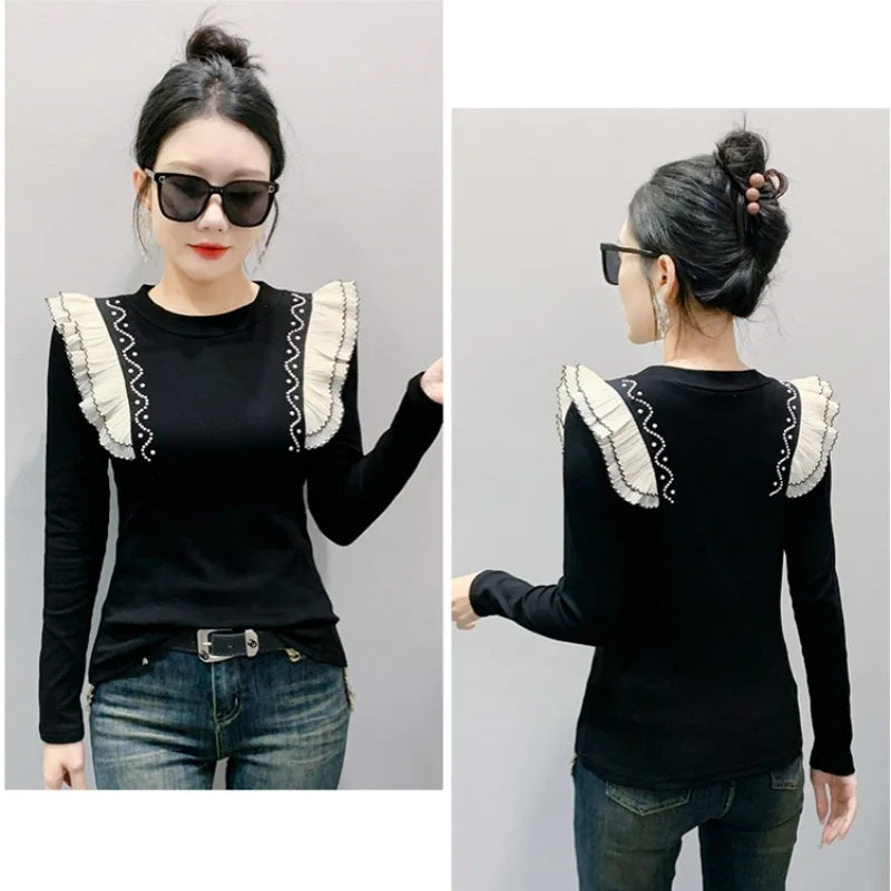 2025 New European Clothes Women Cotton T-shirt Chic O-Neck Patchwork Ruffles Diamonds Beading Tops Spring Long Sleeve Tees