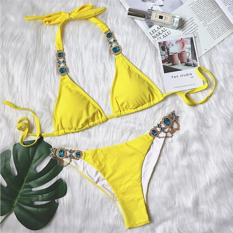 Yellow Bikinis Rhinestones Swimsuits Beach Women Swimwear Push Up Female Bikini Swim Wear Bathing Suits Beachwear Pool Bather