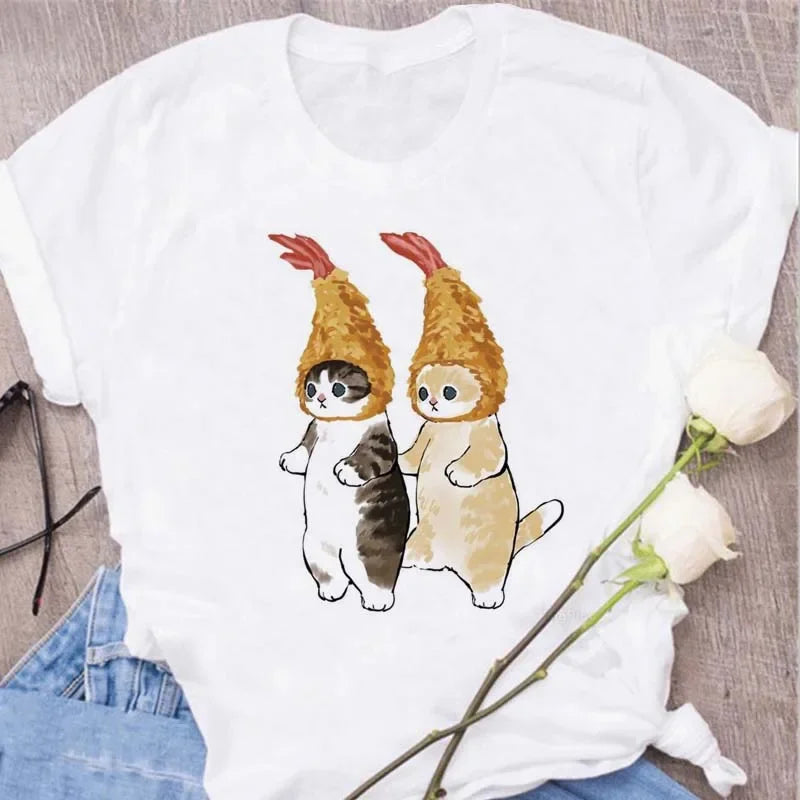 Cute Cats Printing Women T-shirts New Kawaii Women's Tops Fashion Women Clothing Funny Korean Style Creative Casual Clothes Tees