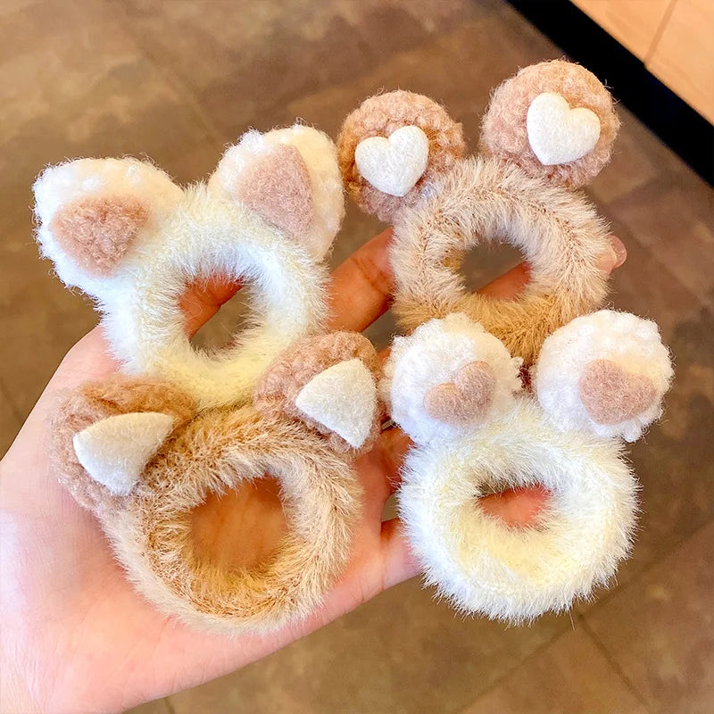 2pcs Women Girls Cute Antlers Cat Ears Plush Elastic Hair Bands Winter Sweet Hair Decorate Scrunchie Hair Ties Hair Accessories