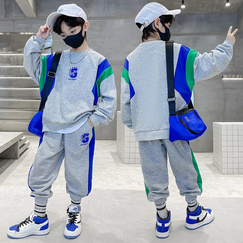 Spring Teenage Boy Clothes Children's Embroidery Letter Sweatshirt and Pants Set Fashion Top and Bottom 2 Pieces Tracksuit