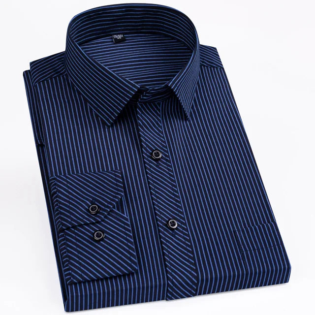 Men's Classic Standard-fit Plaid/striped Social Office Dress Shirt Single Patch Pocket Long Sleeve Formal Business Basic Shirts