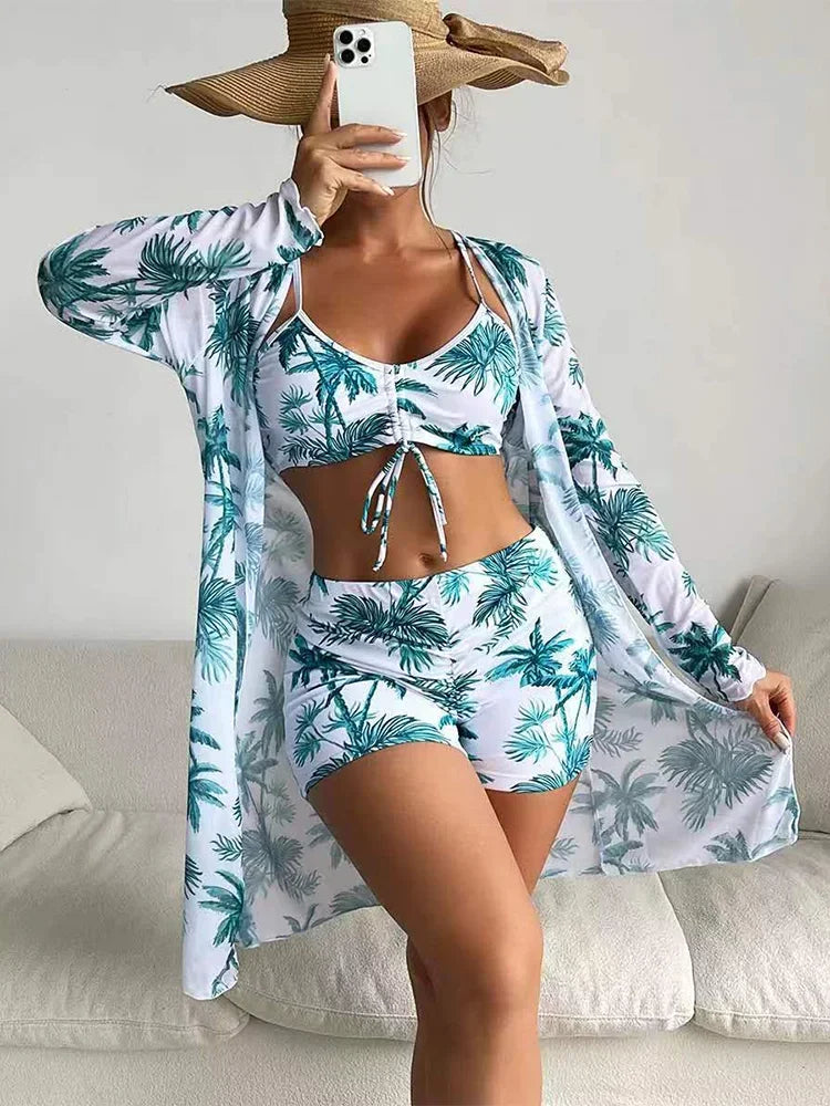 Tropical Allover Print Bikini 3pack Drawstring Ruched Cover Up Women Swimsuit 2023 Long Sleeve Swimwear Beach Wear Bathing Suit