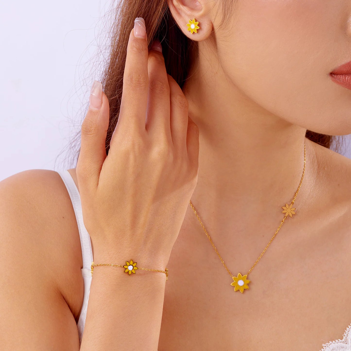 Stainless Steel Enamel Flower Necklace Bracelet Earrings For Women Boho Colorful Daisy Pendant Y2K Accessories Fashion Jewelry