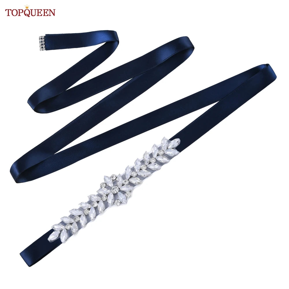 TOPQUEEN Wedding Dress Belt Sash Banquet Party Accessories Bridal Belt Silver Rhinestone Handmade Applique S69