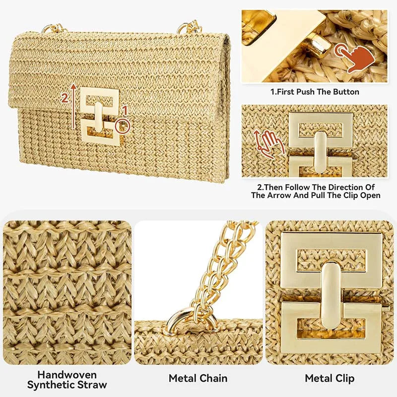 Envelope Straw Woven Clutch Handbags for Women 2024 Trend Summer Wicker Rattan Wallet Purse Beach Shoulder Chain Messenger Bags
