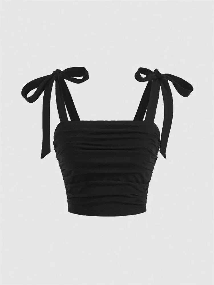 Solid Tie Shoulder Ruched Wide Strap Slim Fit Crop Top for Women clothes Summer 2025 Y2K Clothes Pink Backless Cami Top Streetwear