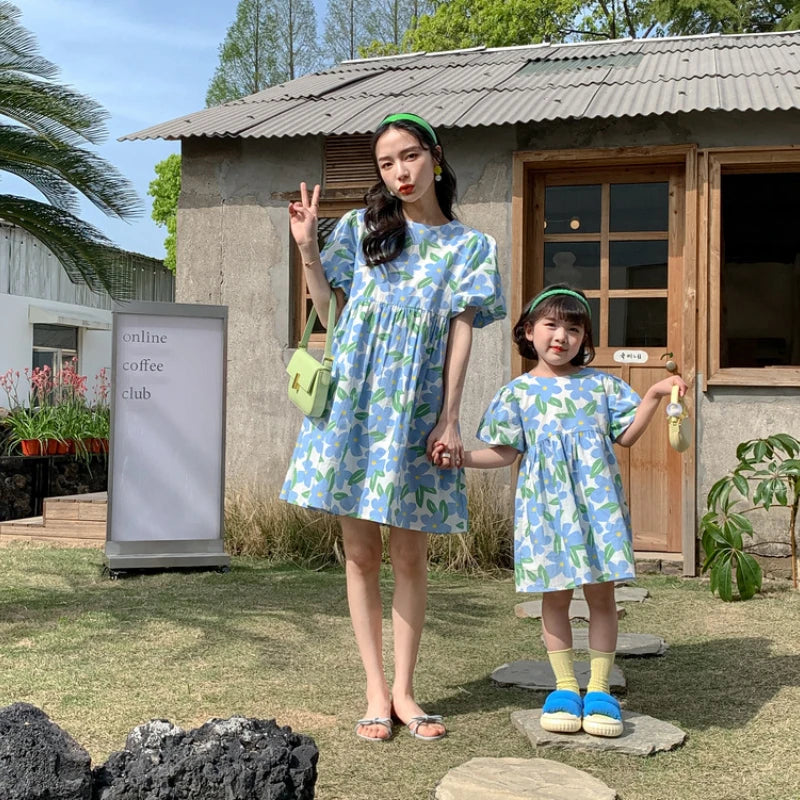 Mother Daughter Equal Dresses Women Girl Summer Clothes 2022 Mommy And Me Clothing Parent-Child Matching Floral Pattern Dress