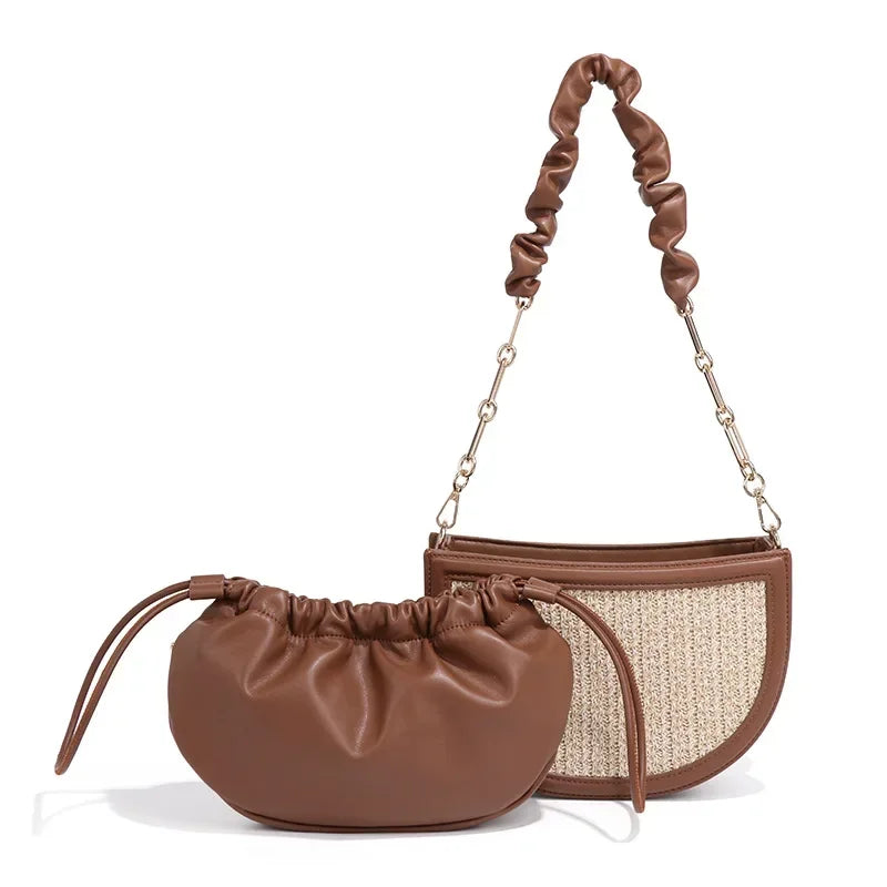 Fashion Straw Women Shoulder Bag Designer Female Composite Handbags Handamde Woven Summer Beach Bag Chain Small Purse 2024