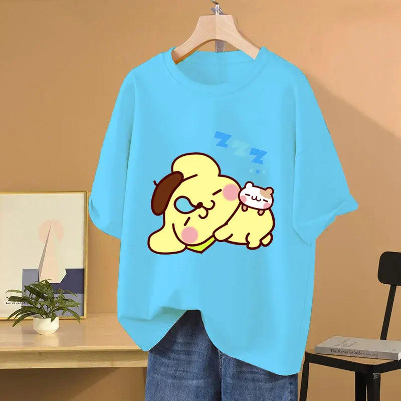 Clothes Pompom Purin Yellow Cartoon Anime Women T-shirt Summer Short Sleeve 100% Cotton Men Tee Shirts Tops 2025 Fashion Couple Clothes