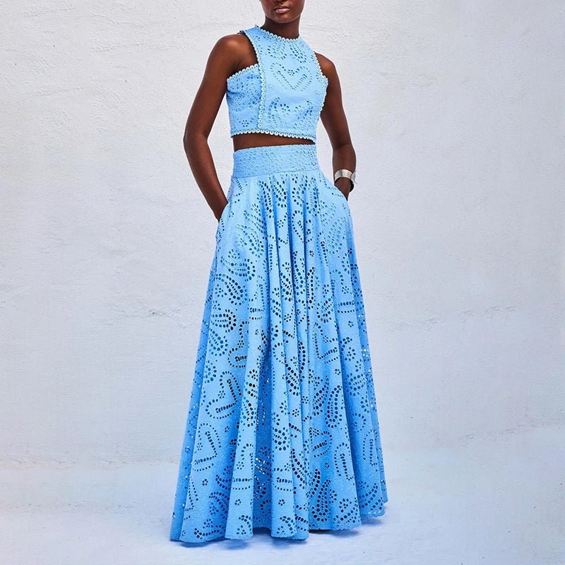 Women Elegant Embroidery Hollow 2Pc Suit Fashion O-neck Vest Top & Long Skirt Outfits Casual Sleeveless Pleated Solid Beach Sets