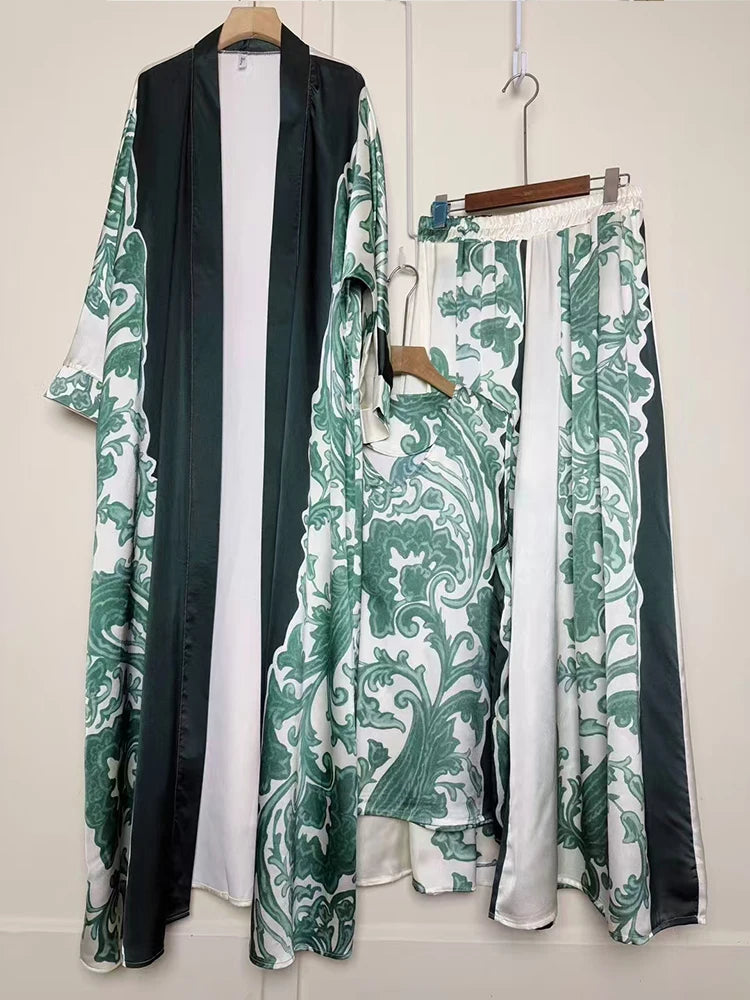 Retro geometric print loose cardigan three-piece set 2025 spring women's new pullover vest + draped loose culottes fashion suit