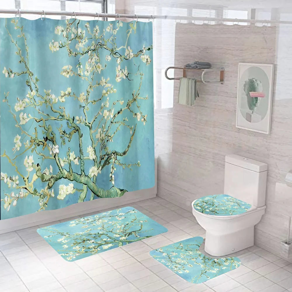 Japanese Cherry Blossom Shower Curtain Set Non-Slip Rug Toilet Lid Cover Bath Mat Spring Sakura Flower Pastoral Bathroom Curtain