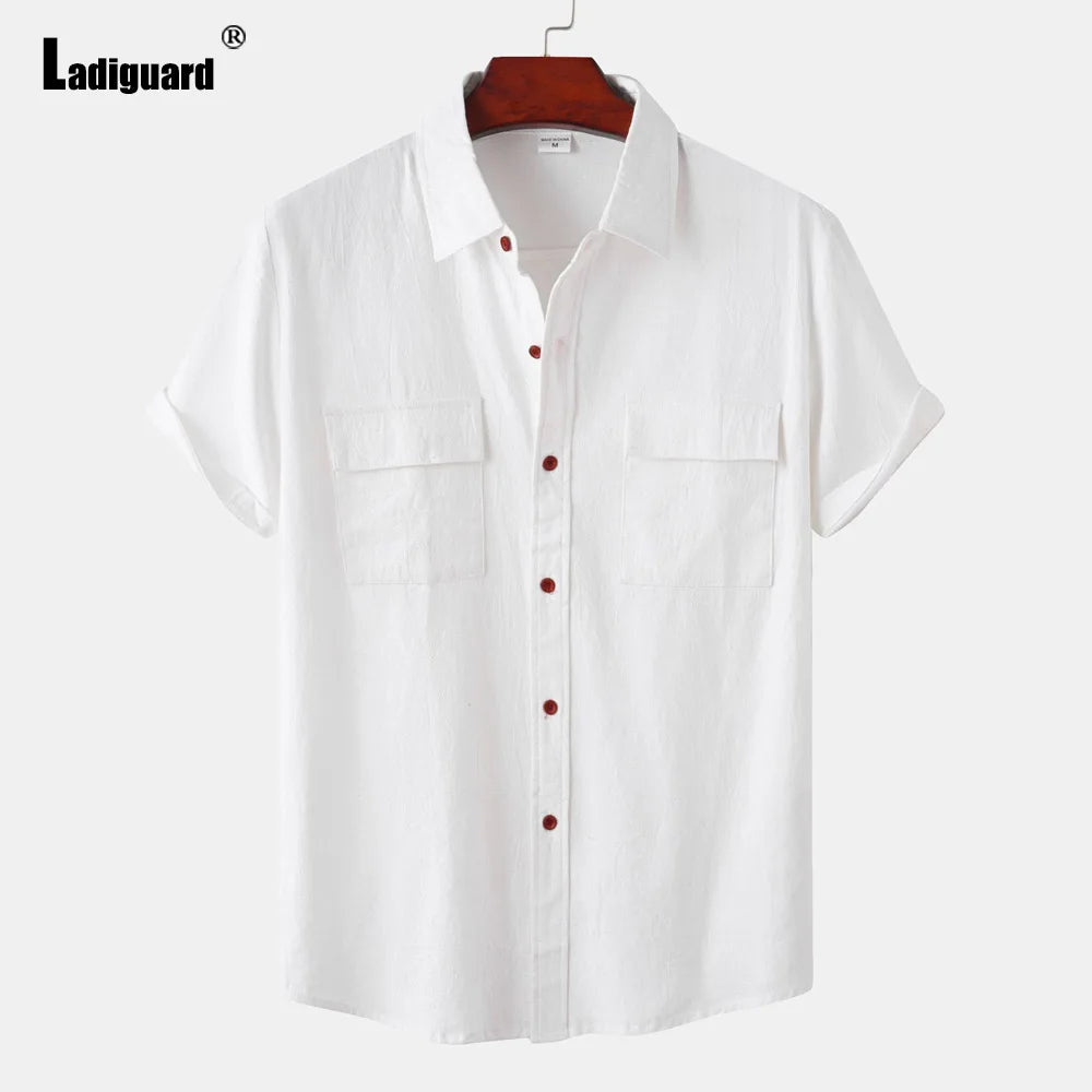 Men Short Sleeve Linen Shirts ,Black Soft Blouse Vintage Casual Stand Pocket Tops mon
