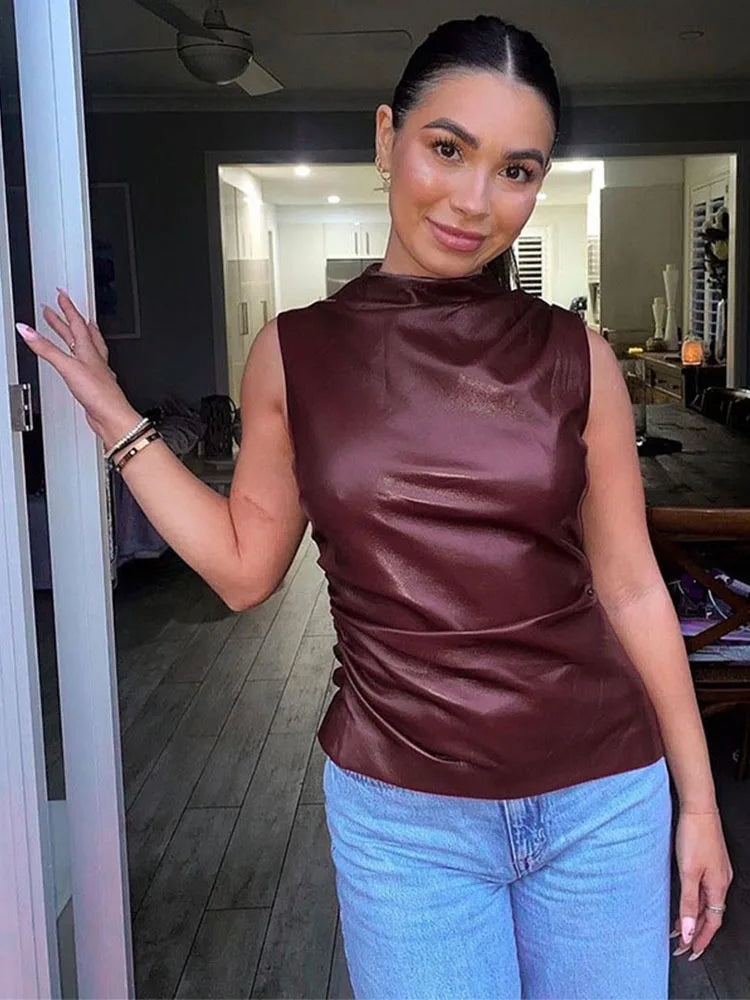 Damen Y2K Vintage Pu Schlichtes Basic Tank Top Hohe Taille Skinny Shrunk Slash Cut Ärmellose Tops Vielseitige Edle Shirts
