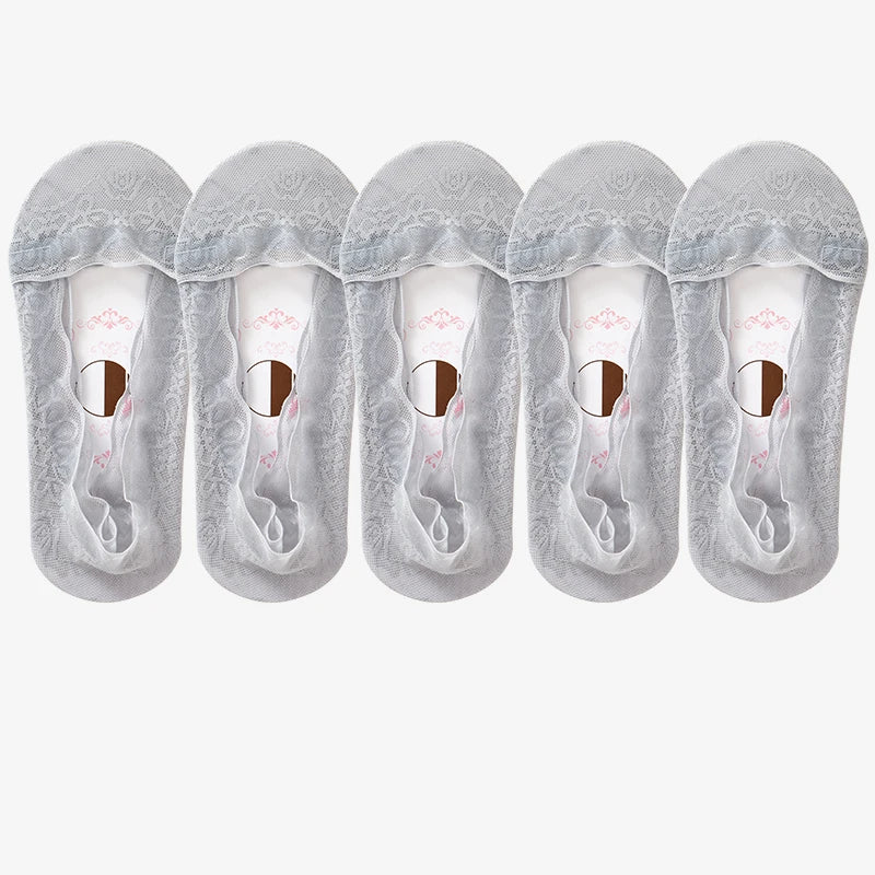 5pairs Summer Women Girl Silica Gel Lace Boat Socks Invisible Cotton Sole Non-slip Antiskid Slippers Anti-Slip Short Ankle Socks