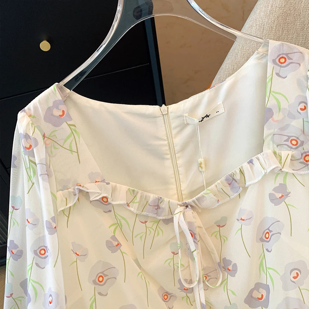 Spring and autumn plus size women's new casual French chiffon floral dress sweet wind loose comfortable home long-sleeved dress