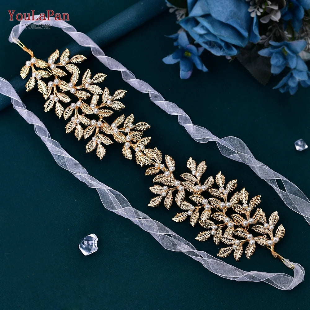 YouLaPan Leaves Wedding Dress Belt with Pearls Woman Formal Belts Bridal Waist Belt Handmade Evening Gown Sash Belt SH353