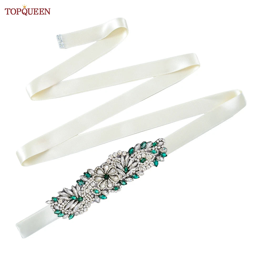 TOPQUEEN S22 Bride Rhinestone Belt Shiny Wedding Accessories Party Woman Emerald Belts Jewelry Wedding Dress Decoration Sash