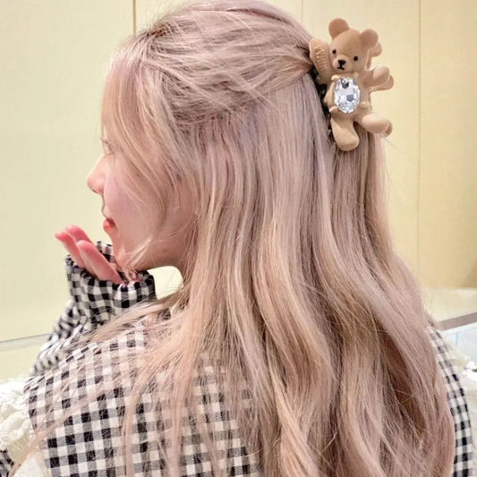 Creative Flocking Cute Bear Hair Claw Hair Clip Shark Clip Shark Grab Clip Rhinestone Headwear Back Head Hair Clip Travel