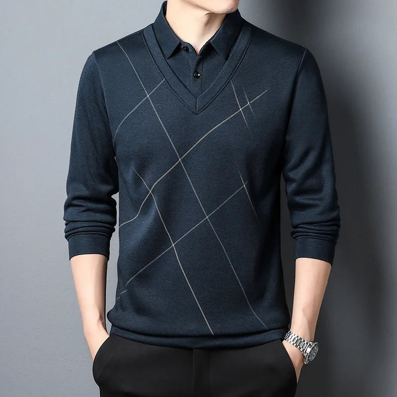 Spring Autumn New Fashion Printing Fake Two Pieces Polo Shirts Men's Clothing Long Sleeve Casual Loose Bottom Layer Shirt Tops