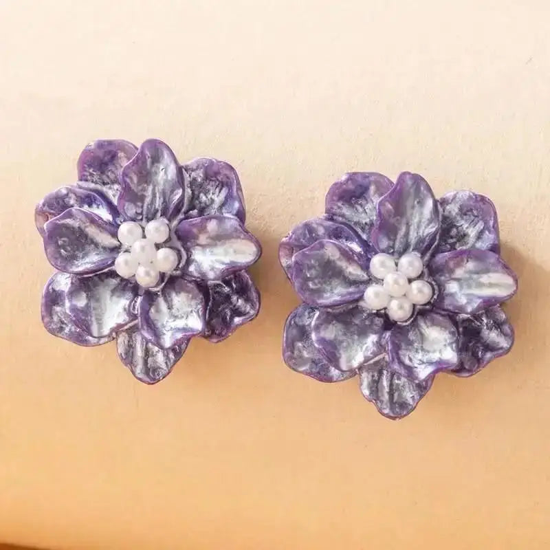 925 Silver Needle Korean Vintage Oil Painting Pearl Flower Earrings For Women Jewelry 2024 Trending New Luxury Women's Earrings