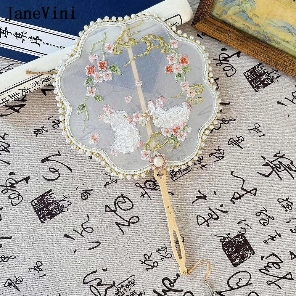 JaneVini Delicate Embroidery Flowers Rabbit Wedding Bride Fan Handmade Hanfu Xiuhe Bridal Fan Bouquet Accessories Handicraft