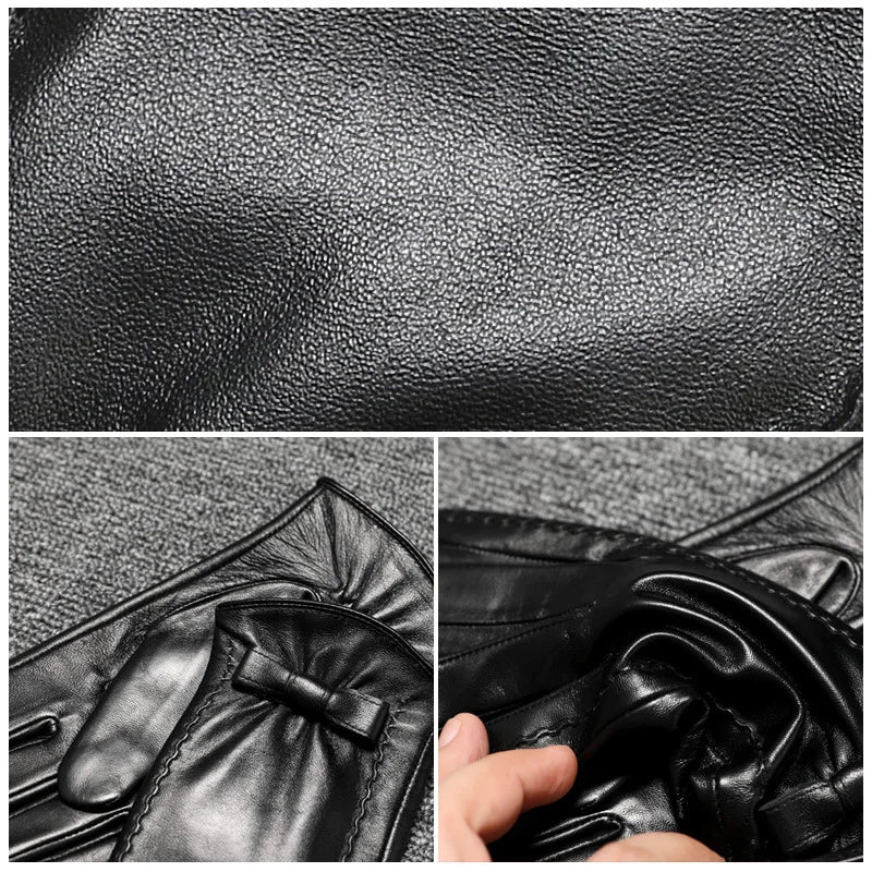 Women's Genuine Leather Gloves Sheepskin Gloves Fashion Autumn and Winter Thick Fleece Warm Touch Screen Motorcycle Biker Gloves