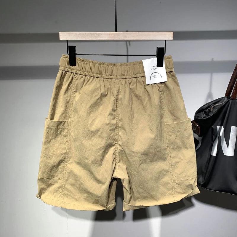 Cargo-Shorts Herren, einfarbig, modisch, Streetwear, japanischer Stil, große Taschen, elastische Taille, schön, fortschrittlich, lässig, Sommer, knielang