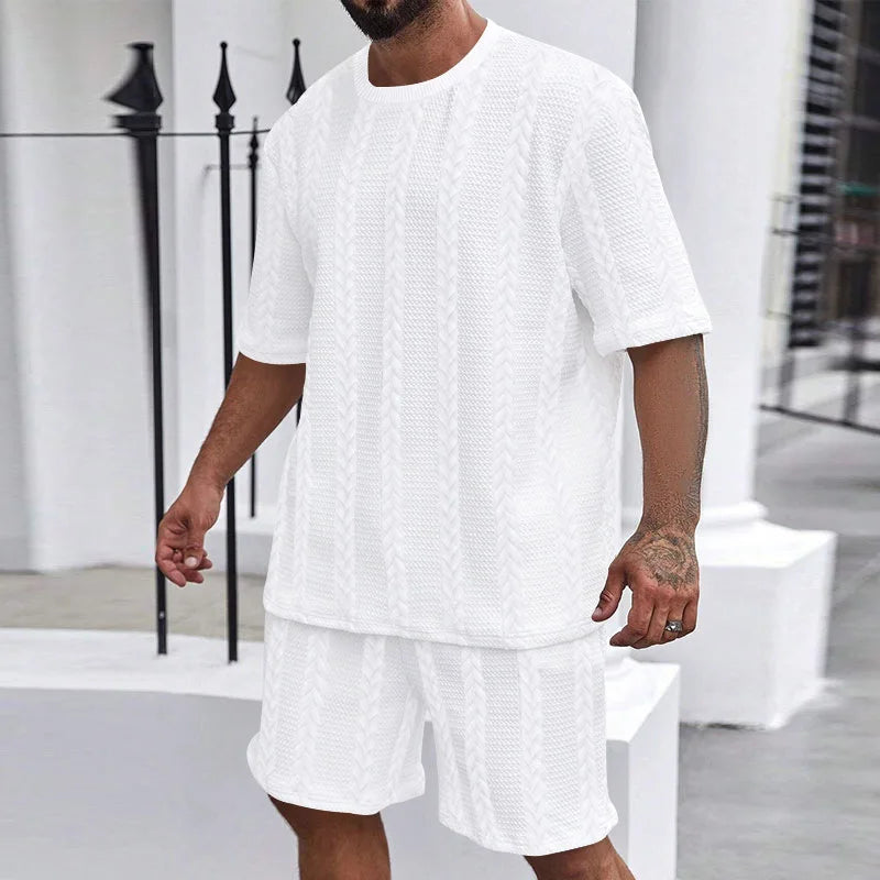 Fashion Summer Men‘s Casual 2-piece Set Streetwear Short Sleeve T Shirt + Shorts Harajuku Sportswear Knitted Tracksuit Clothing