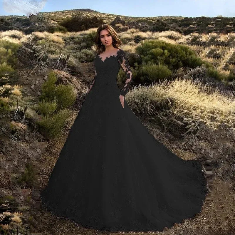 Women Long Sleeve V Neck Lace Floor-Length Bride Clothing White Fashion Party Church Formal Wear Dresses Elegant Formal Dress !!!