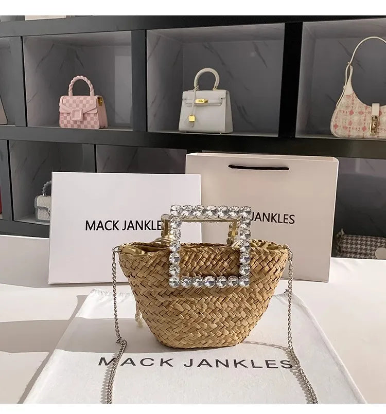 Straw Woven Handmade Bucket Bag Crystal Diamond Metal Handheld Women Handbag Lady Purse Shoulder Crossbody Bag Holiday Beach Bag