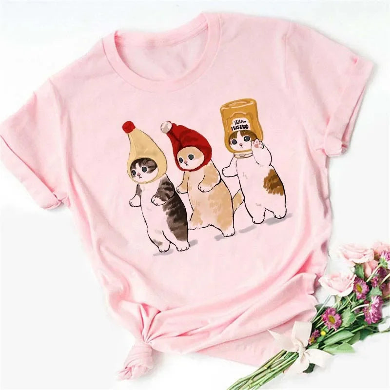 Cute Cats Printing Women T-shirts New Kawaii Women's Tops Fashion Women Clothing Funny Korean Style Creative Casual Clothes Tees