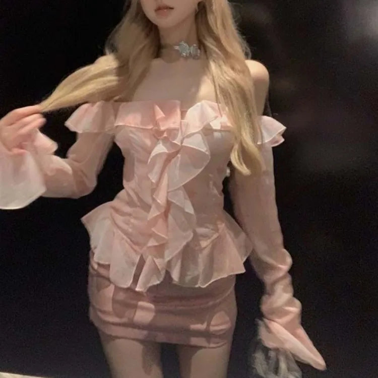 Sweet Pink Off Shoulder Ruffles Long Sleeve Shirts Women+ Y2k High Waist Bodycon Skirts 2024 Summer New Two Piece Sets