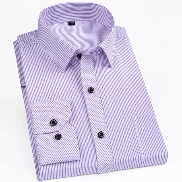 Men's Classic Standard-fit Plaid/striped Social Office Dress Shirt Single Patch Pocket Long Sleeve Formal Business Basic Shirts