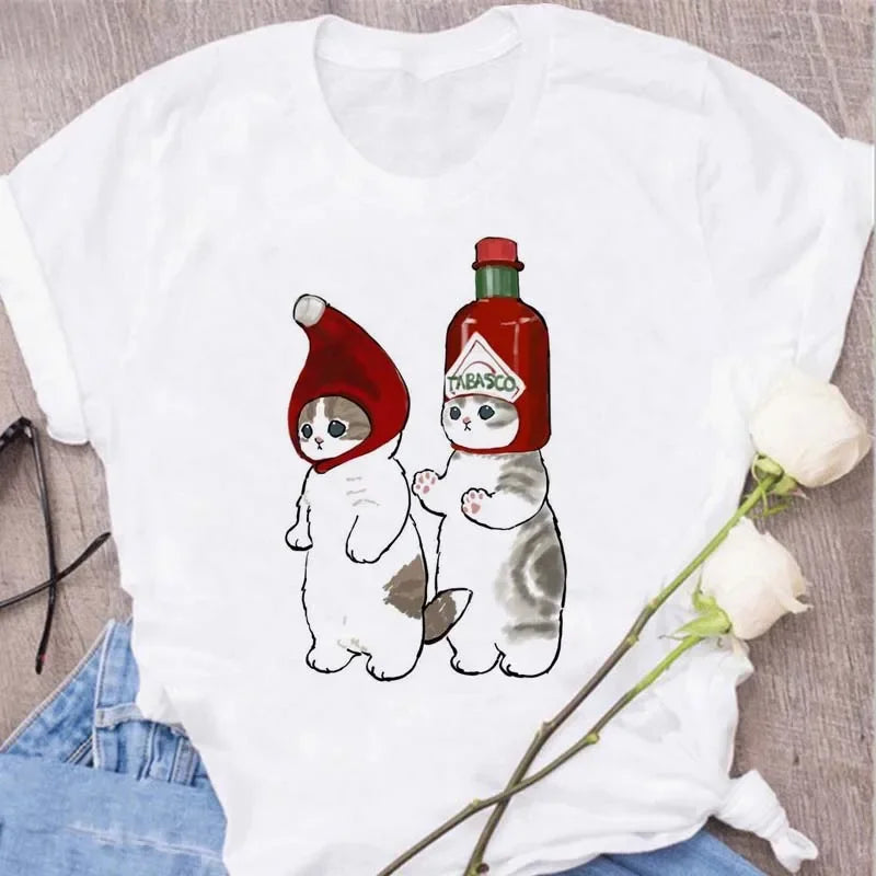 Cute Cats Printing Women T-shirts New Kawaii Women's Tops Fashion Women Clothing Funny Korean Style Creative Casual Clothes Tees