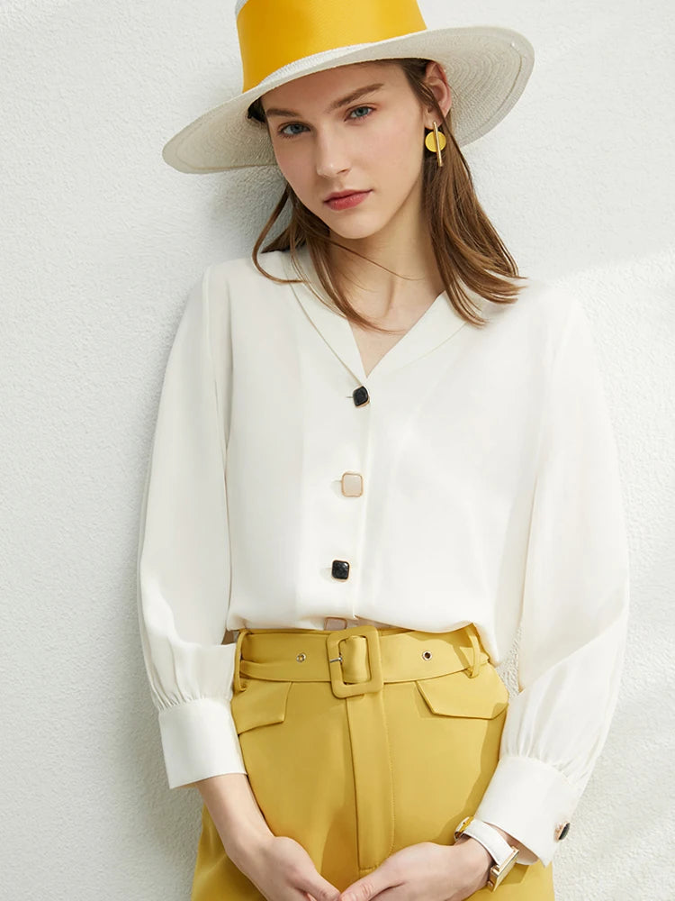 Amii Minimalism Blouse Women Spring Vneck Solid Chiffon Blouse Office Lady Casual Shirts Elegant Blusas Female Tops 12030219 clothes