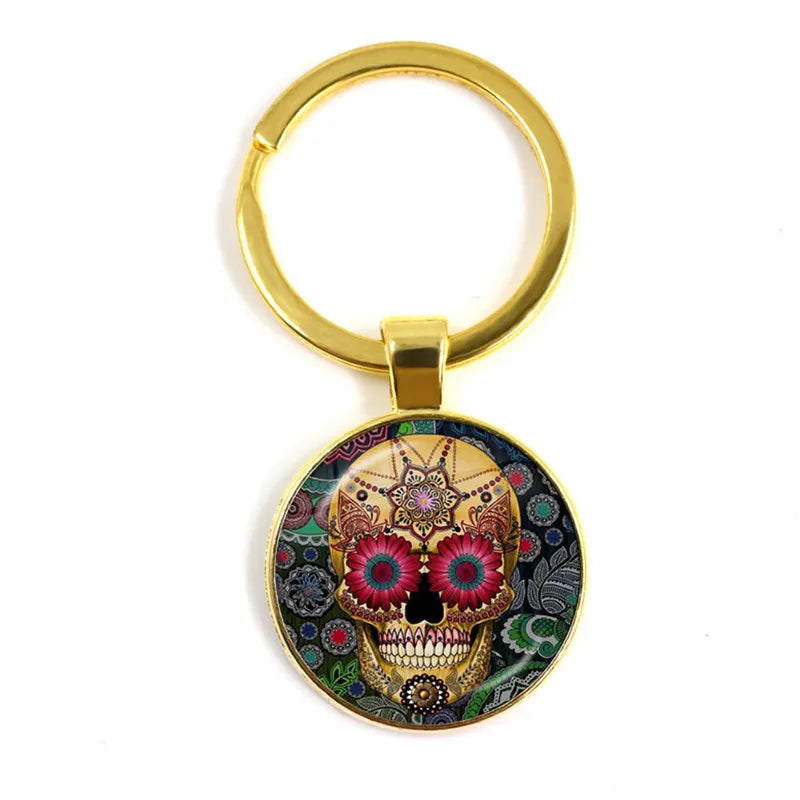 Fashion Colorful Sugar Skull Keychain Mexico Folk Art Patterns Glass Pendant Key Chain Jewelry Holiday Gift