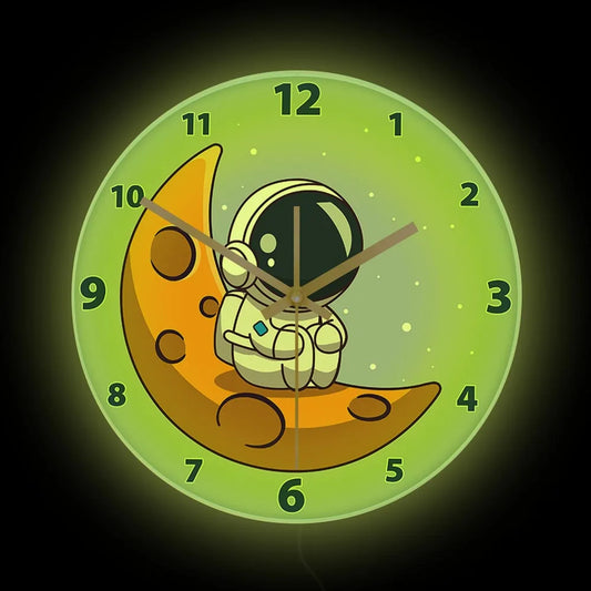 Cartoon Astronaut LED Lighting Wall Clock for Kids Room Nursery Universe Home Decor Outer Space Art Cosmonaut Neon Light Clock