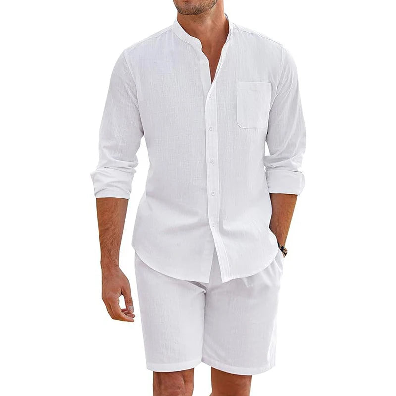 Daily Casual Breathable Cotton Linen Outfits Mens Vintage Stand Collar Button-up Shirts And Shorts Sets For Men Clothing Summer mon