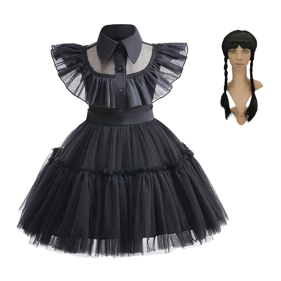 Infant Girl Role Play Wednesday Addams Dress Halloween Performance Kids Cosplay Masquerade Ruffle Style Tulle Party Baby Clothes