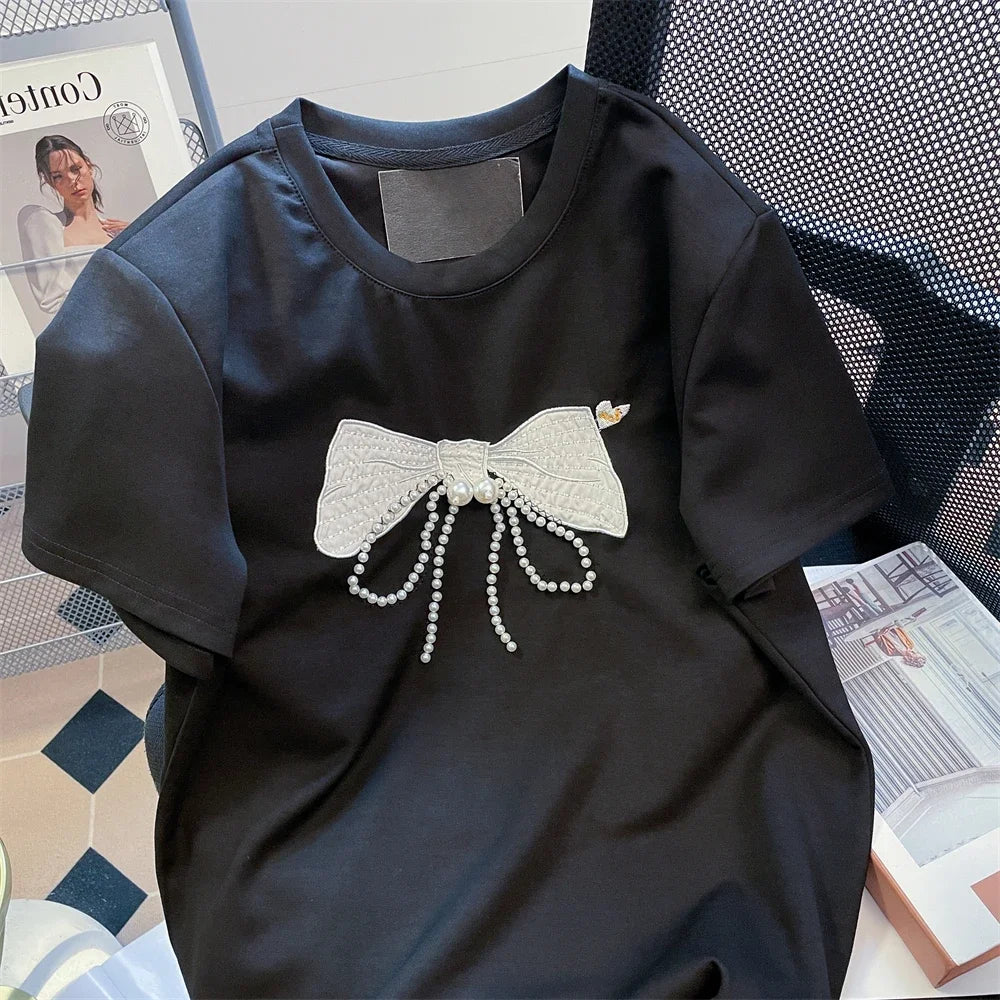 Beads Bow Ropa Mujer Round Neck Short Sleve Clothes Contrast Women Clothing Sweet Embroidery Tops Summer 2025 New Camisetas