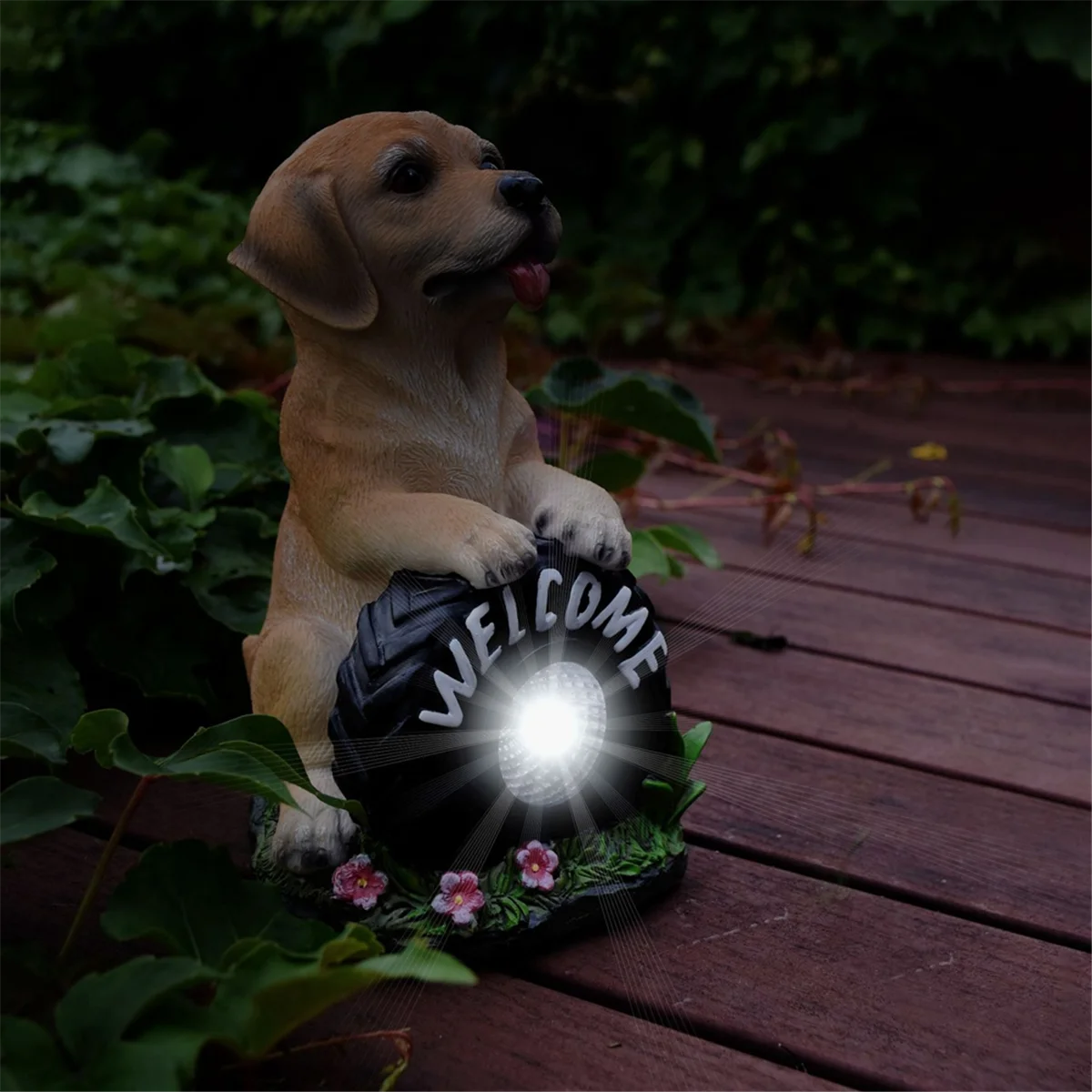 Solar Garden Dog Statue Welcome Sign with LED Lights Resin Solar Powered Puppy Figurine Decorative Sculpture for garden decoration