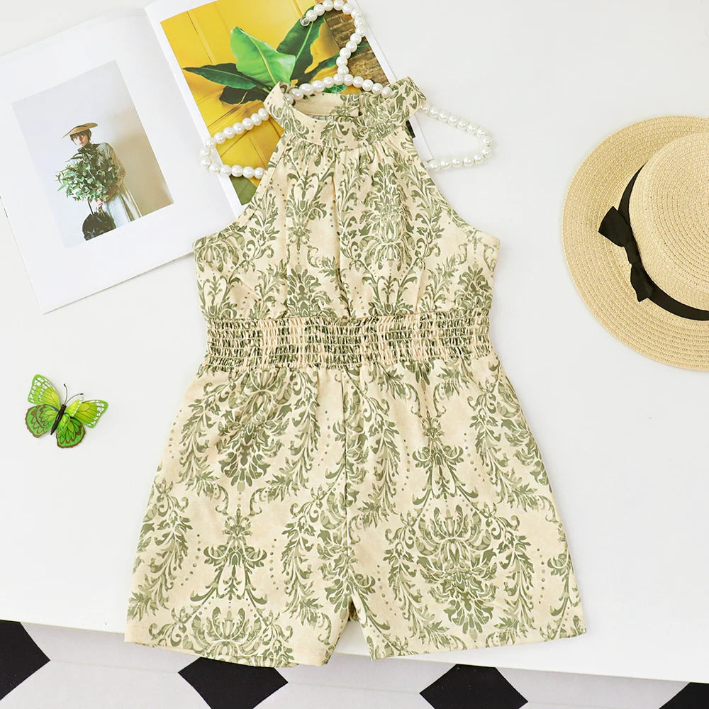 Bear Leader Summer Sleeveless Elastic Waist Girls Jumpsuits Printed Hanging Neck Rompers One Piece Sets Kids Fashion Clothes