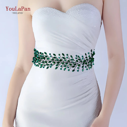 TOPQUEEN Elegant Bridal Belt Wedding Dress Waist Decoration Bridesmaid Belt Green Rhinestone Evening Gown Belt Accessories SH799