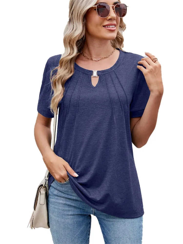 Women's Elegant Hollow Out O-Neck Tops Solid Casual Work Shirt Short Sleeve T Shirt Fashion Women Clothes 2025 Summer New
