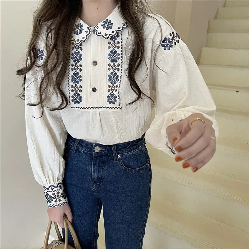 Korobov Vintage Autumn Shirts Embroidery Lapel Long-sleeved Blouses Female Camisas Puffed Sleeve Doll Collar Top Korean Fashion